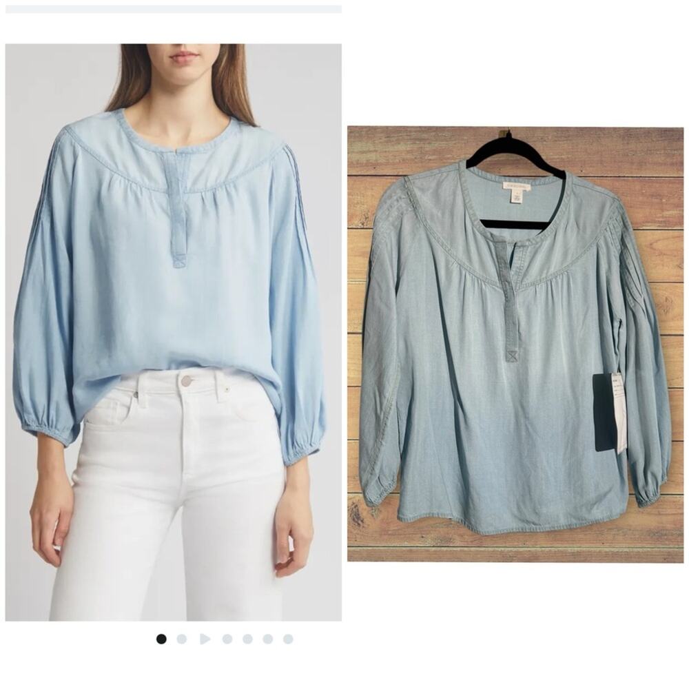 Caslon Pintuck Sleeve Chambray Top, Small - Picture 1 of 12